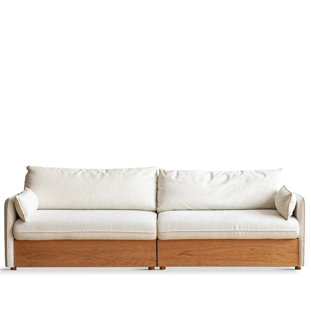 Japandi boucle fabric pine wood storage 4 seater sofa kangaroo in white background.