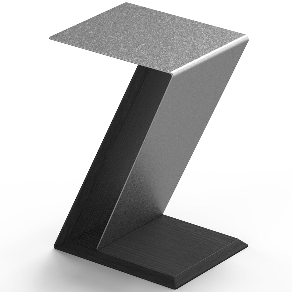Minimalist stainless steel side table zig in white background.