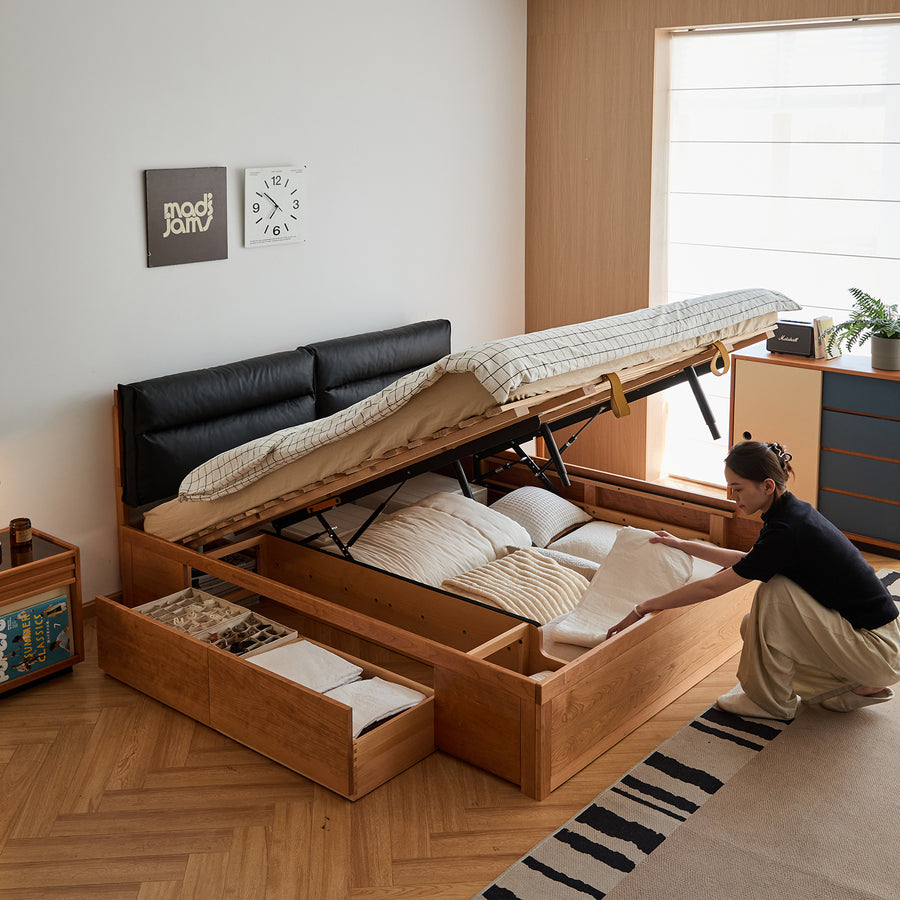Scandinavian cherry wood cushion lift-up storage bed with drawer kangaroo primary product view.