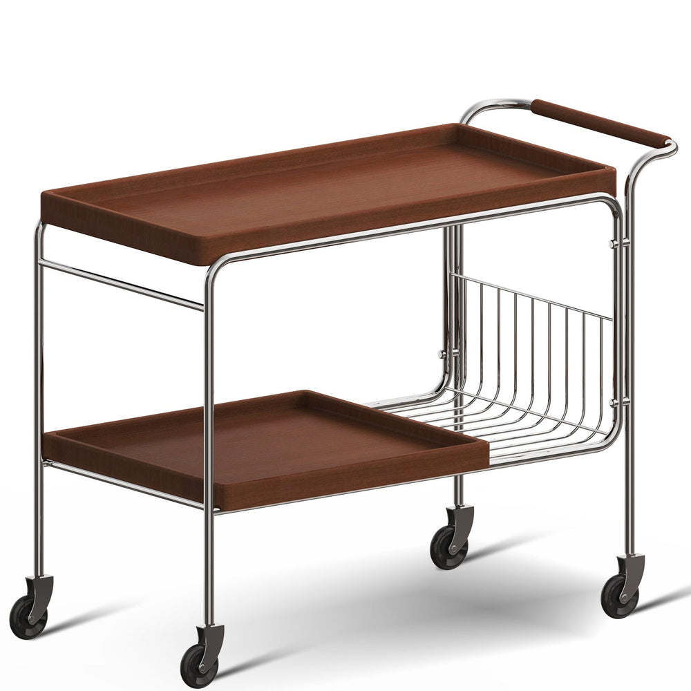 Two-tiered serving cart with wooden top and shelf on a white background
