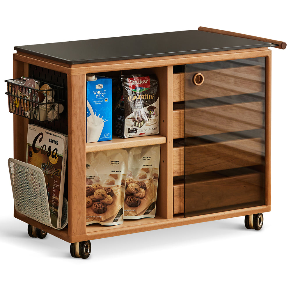 Scandinavian cherry wood wheeled trolley side table bus in white background.