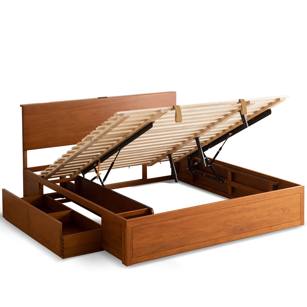 Vintage boxwood lift-up storage bed with drawer kangaroo in white background.