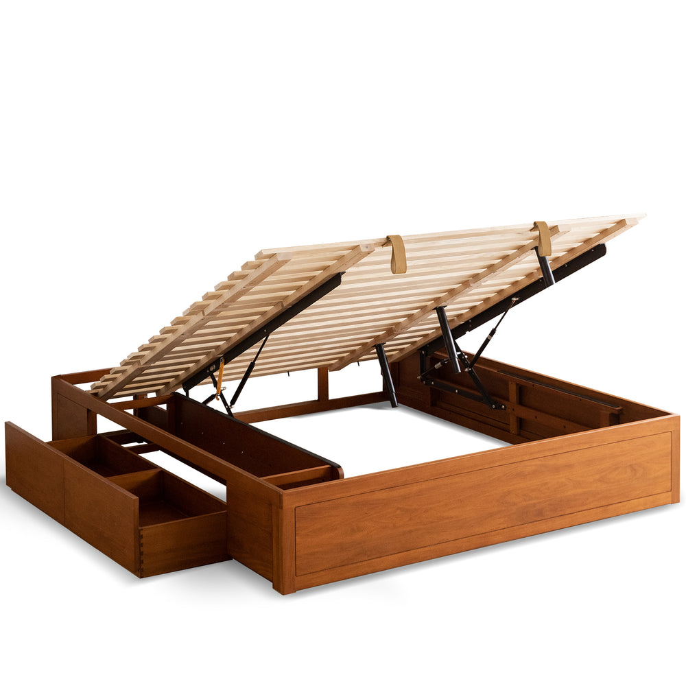 Vintage boxwood lift-up storage platform bed with drawer kangaroo in white background.