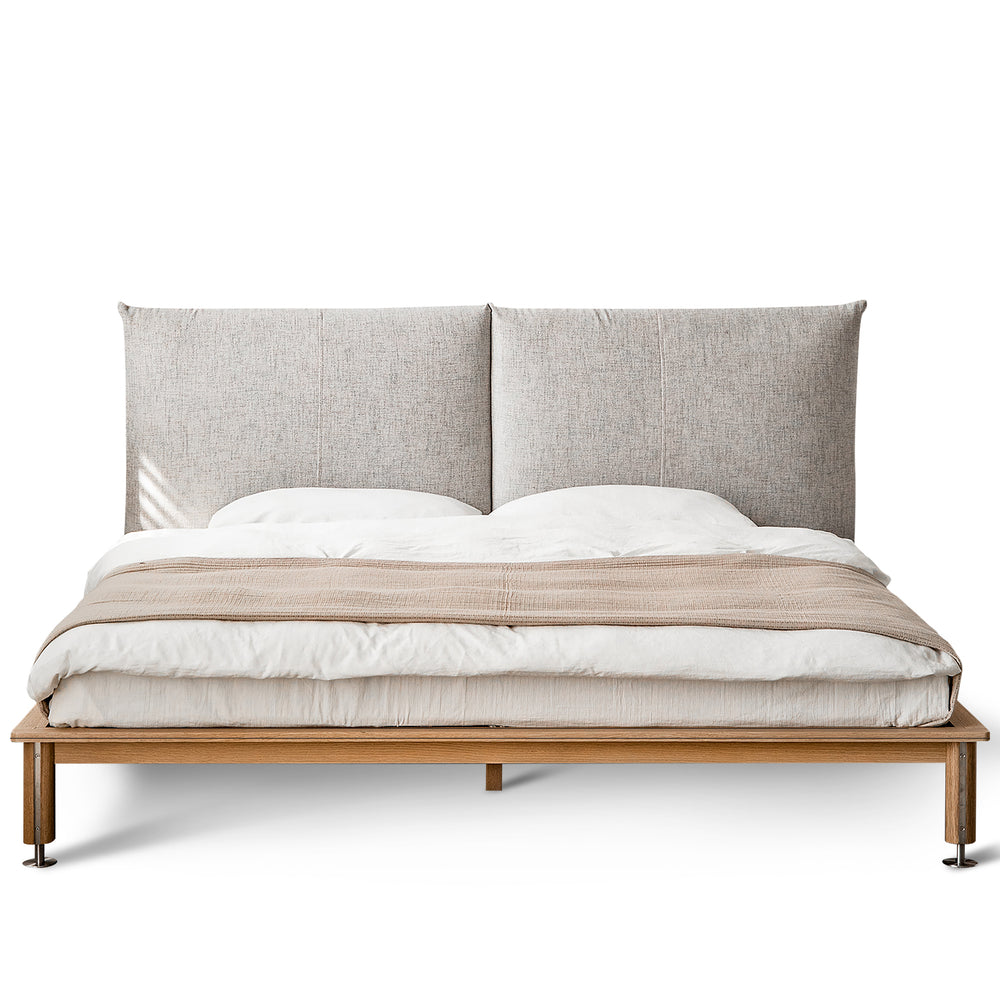 Minimalist cotton fabric oak wood bed evia in white background.