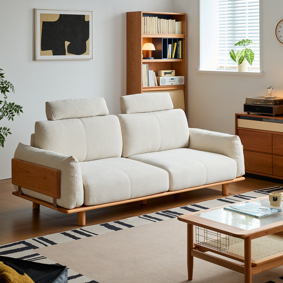 Scandinavian mixed weave fabric 2 seater sofa bessen in panoramic view.