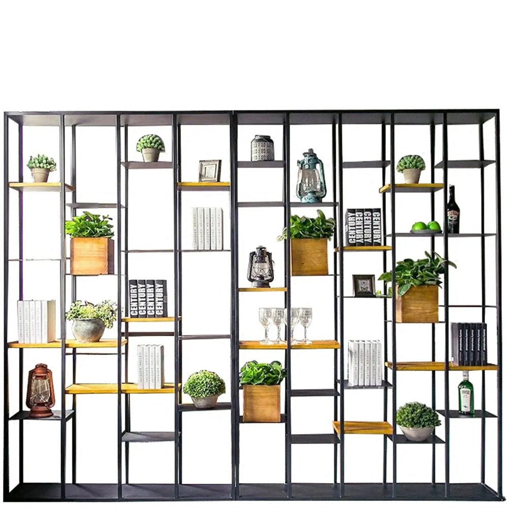 Industrial pine wood display shelf cozy in white background.