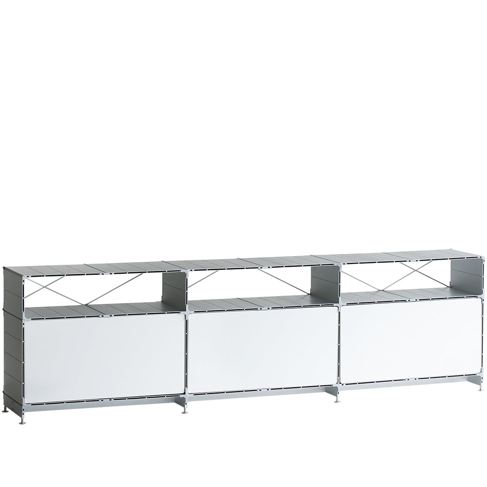 Industrial aluminium tv console cube in white background.