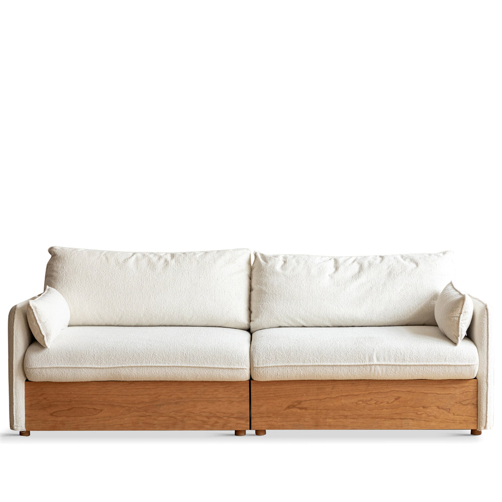 Japandi boucle fabric pine wood storage 3 seater sofa kangaroo in white background.