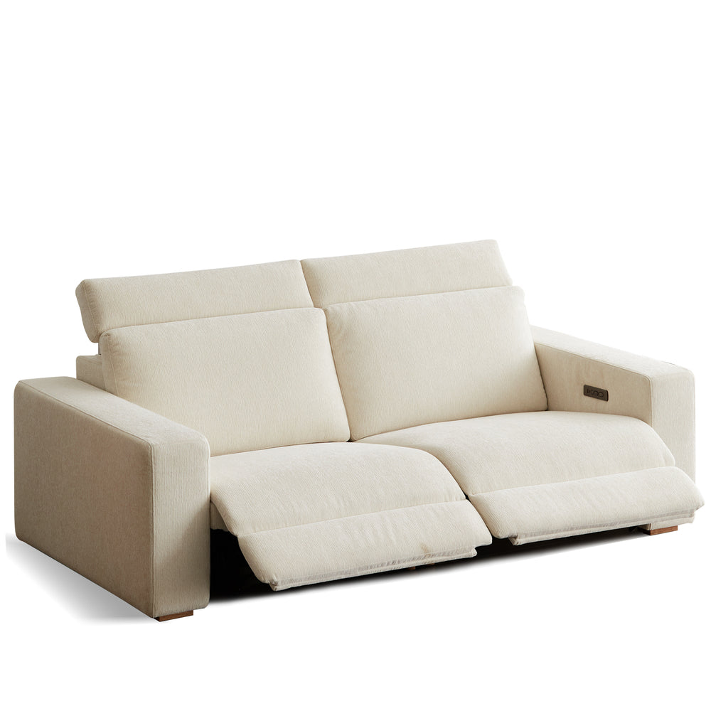 Minimalist chenille velvet fabric electric recliner 3 seater sofa stratus in white background.