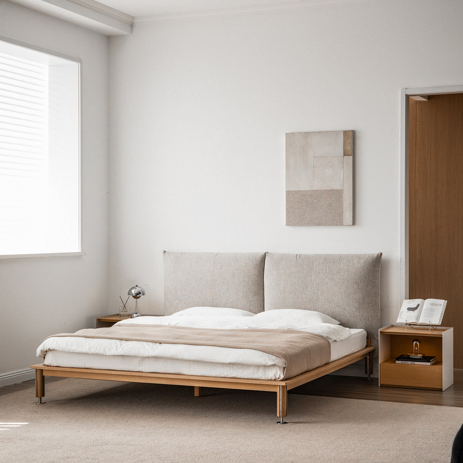 Minimalist cotton fabric oak wood bed evia primary product view.