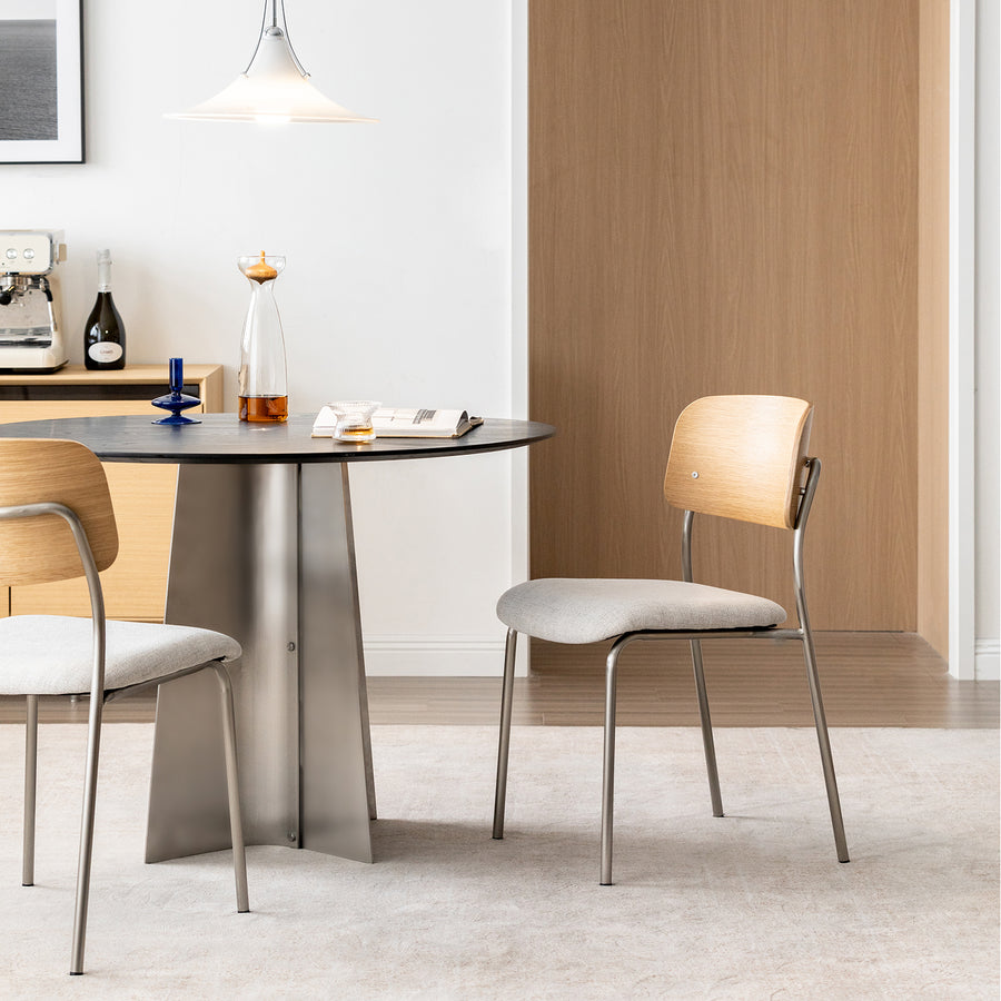 Minimalist ash wood veneer cotton fabric dining chair aeri primary product view.