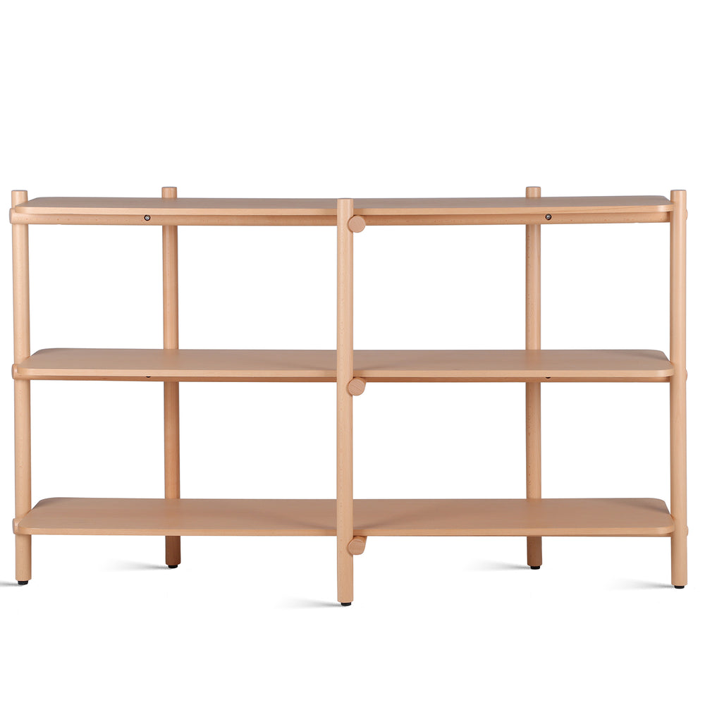 Scandinavian beech wood side display shelf hilda in white background.