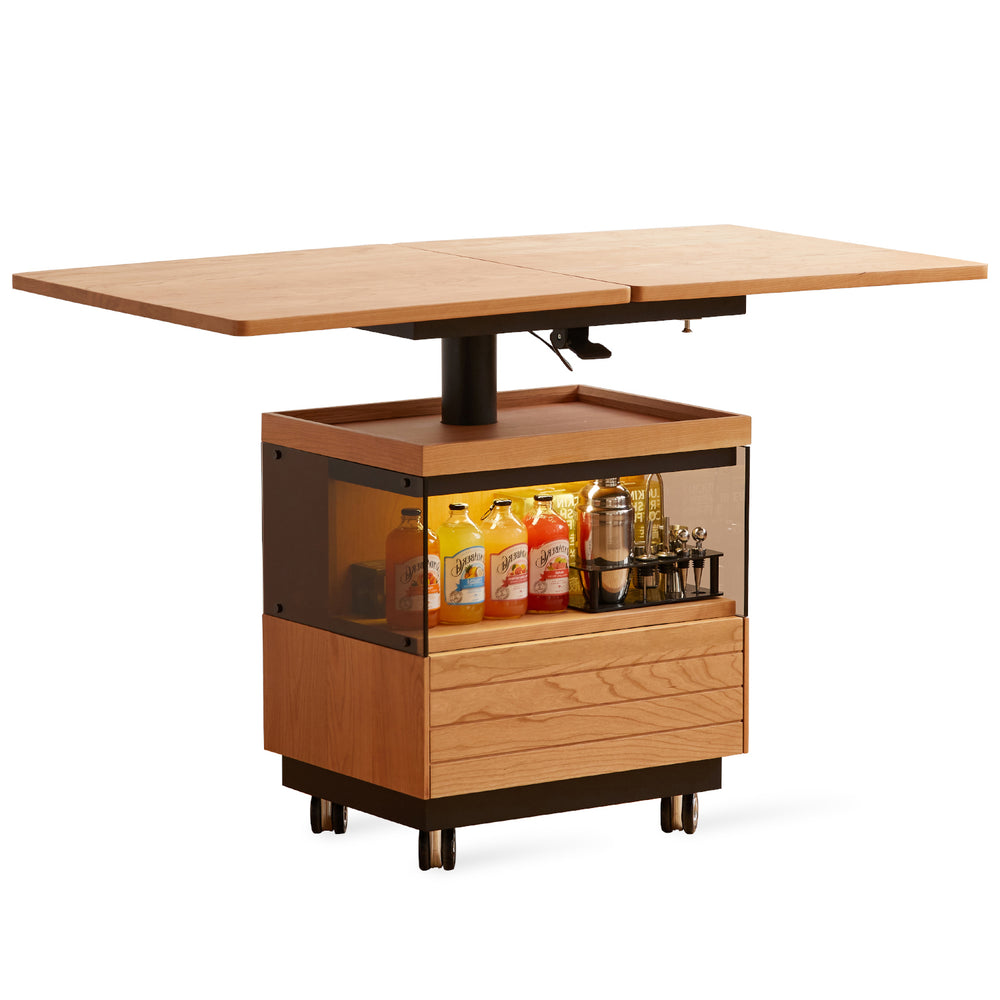 Wooden bar cart with a lift-top design on a white background