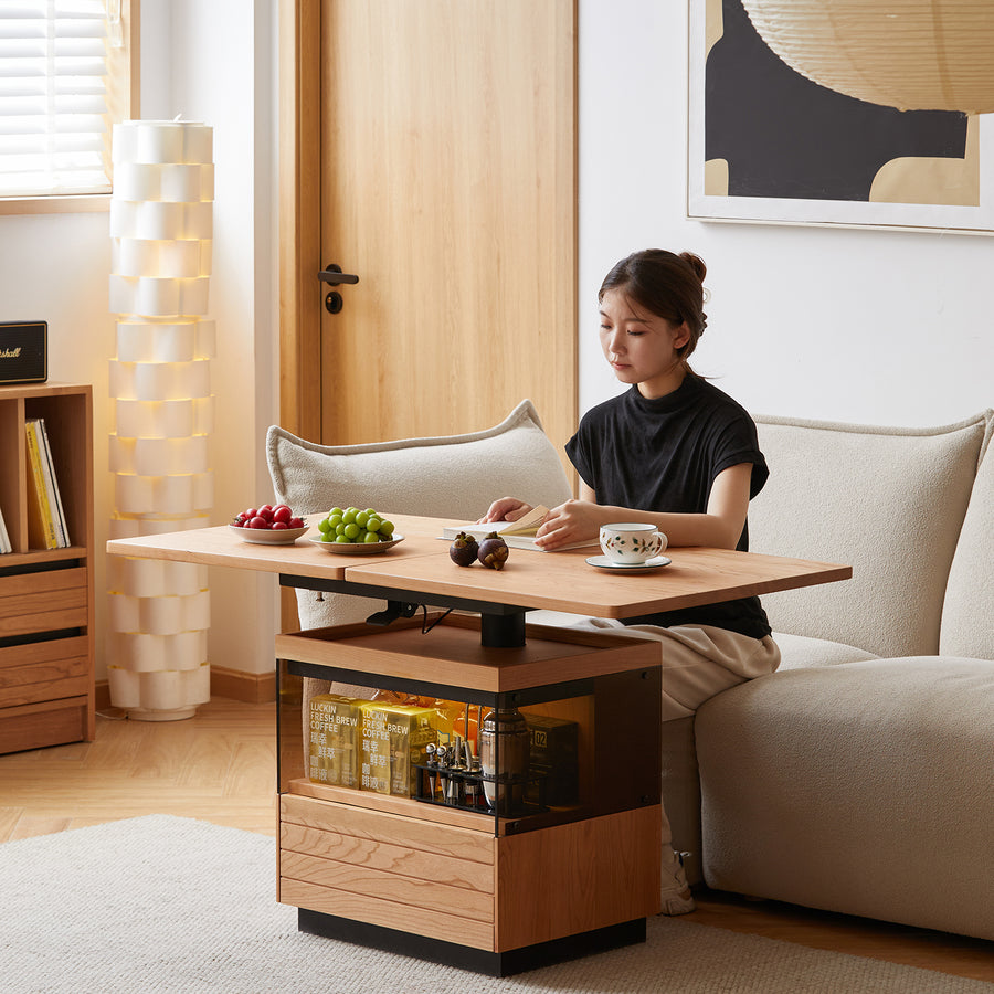 Scandinavian cherry wood extendable height adjustable coffee table mirror lake in real life style.