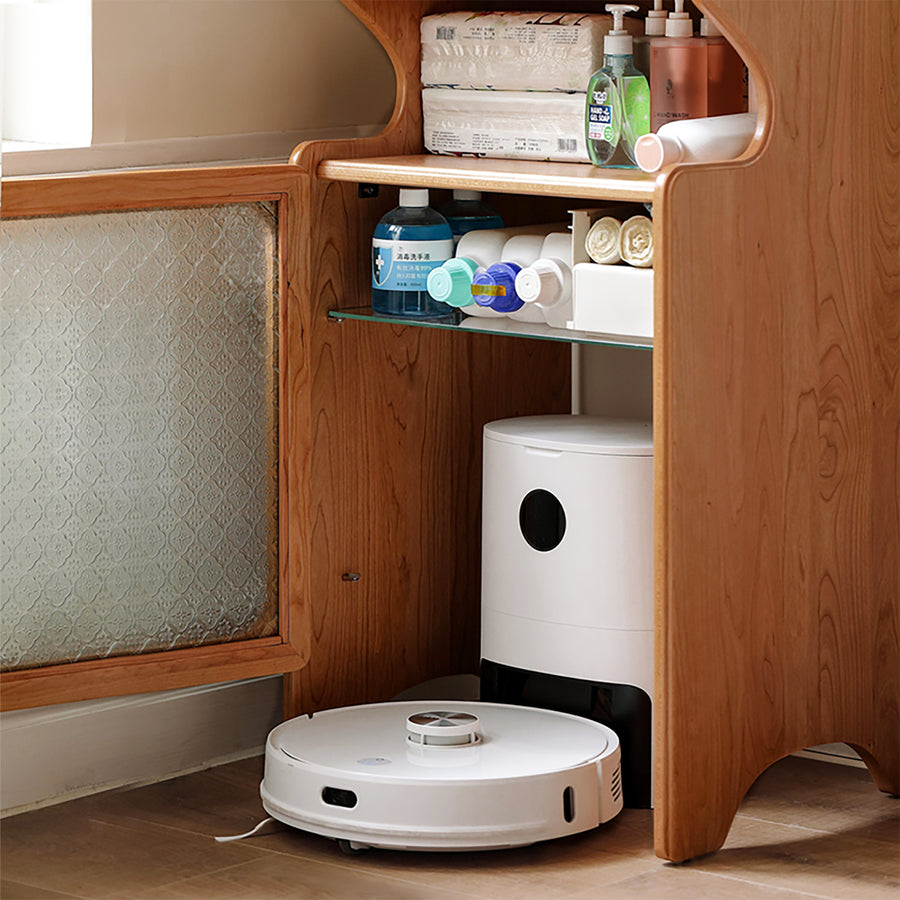 Scandinavian cherry wood robot vacuum cabinet cado material variants.