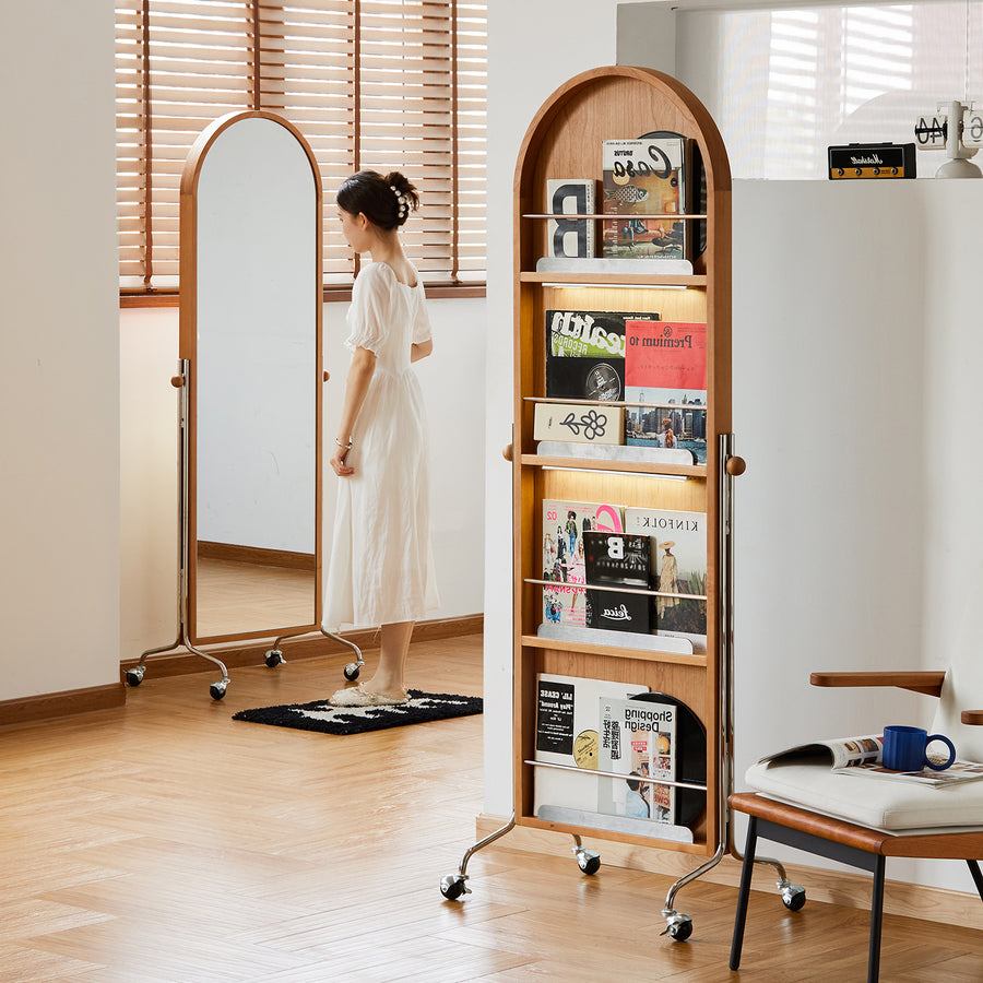 Scandinavian cherry wood wheeled mirror aura primary product view.