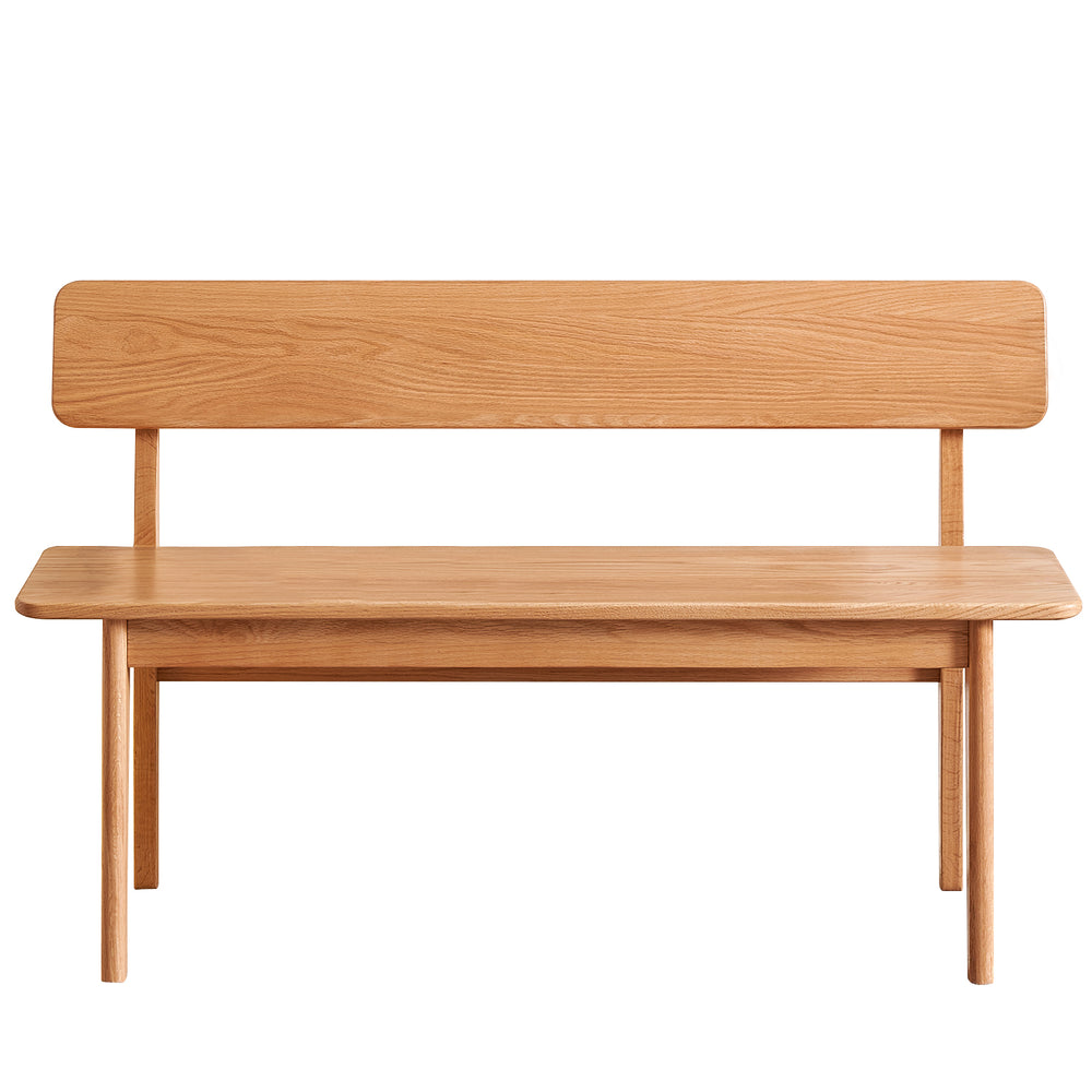 Scandinavian oak wood dining bench with backrest restly in white background.