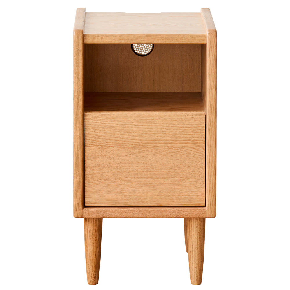 Scandinavian oak wood side table cubo in white background.