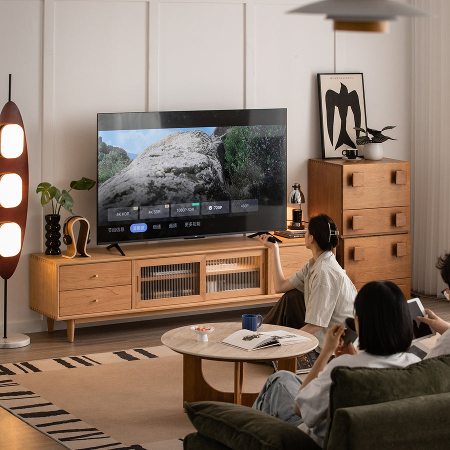 Scandinavian cherry wood tv console green in real life style.