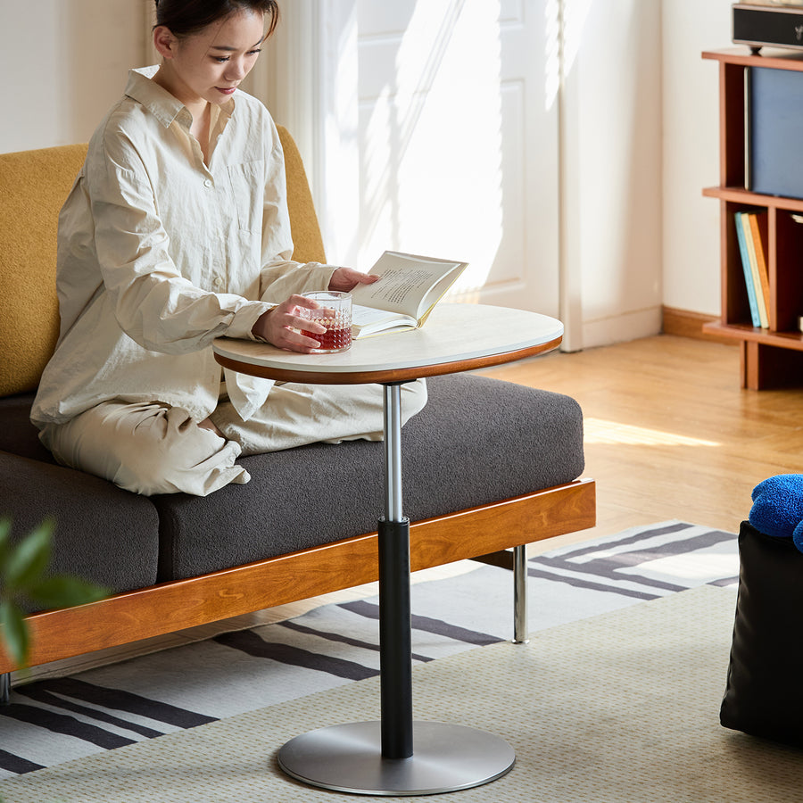 Scandinavian sintered stone height adjustable side table roman material variants.