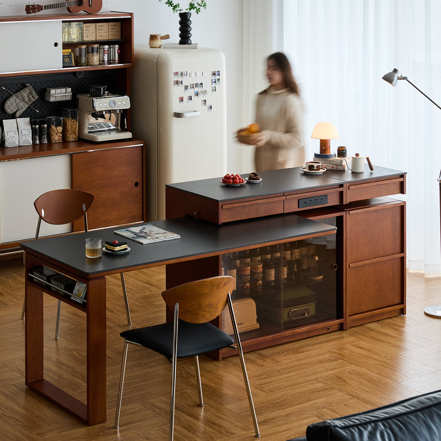 Vintage boxwood sintered stone extendable island dining table with cabinet skeletal primary product view.