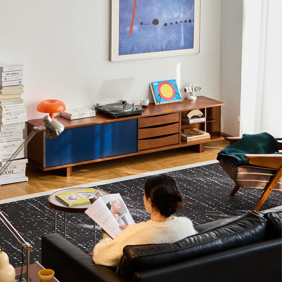 Vintage boxwood sliding door tv console mist primary product view.