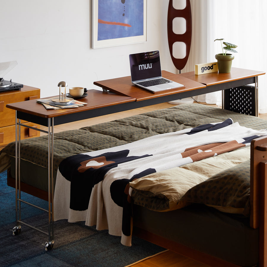 Vintage boxwood stainless steel mobile overbed table sereni primary product view.