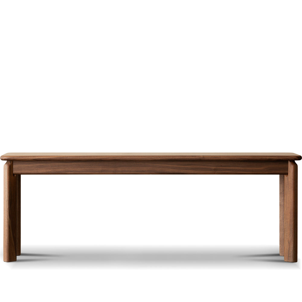 Vintage walnut wood dining bench riverin in white background.