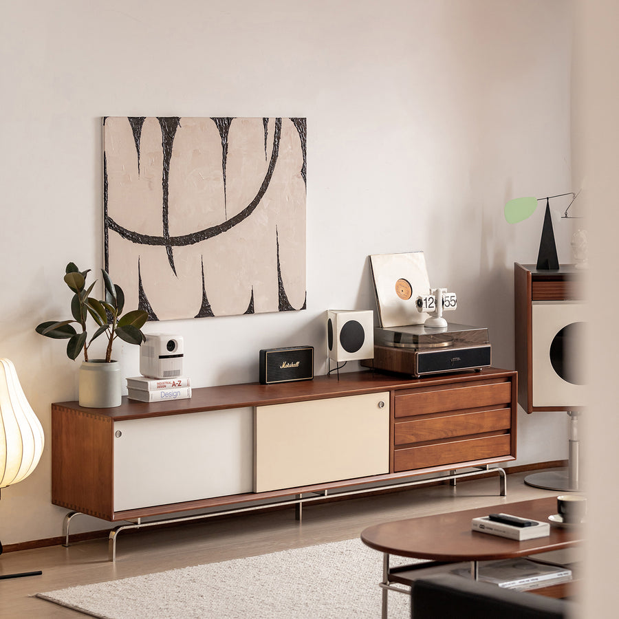 Vintage boxwood sliding door tv console moonrise primary product view.